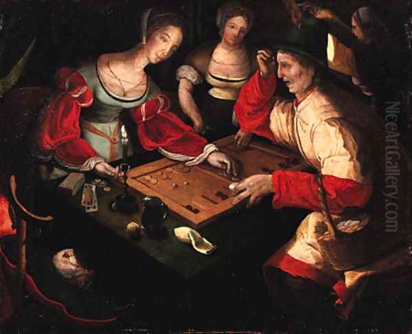 Figures playing backgammon in an interior Oil Painting by Lucas Van Leyden