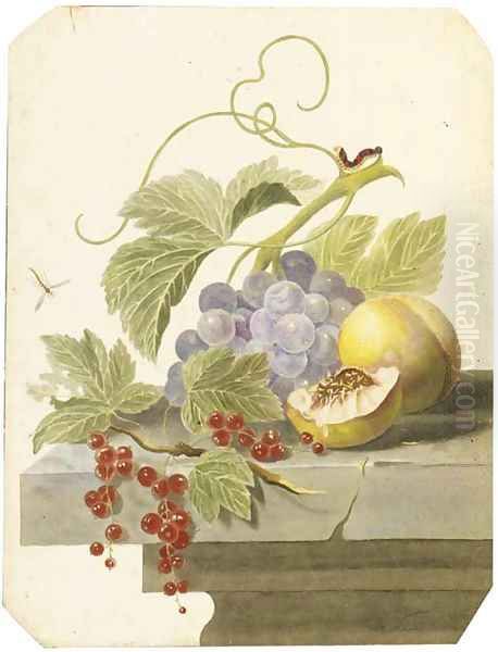 Still life with grapes, peaches and red currants on a ledge Oil Painting by Willem van Leen