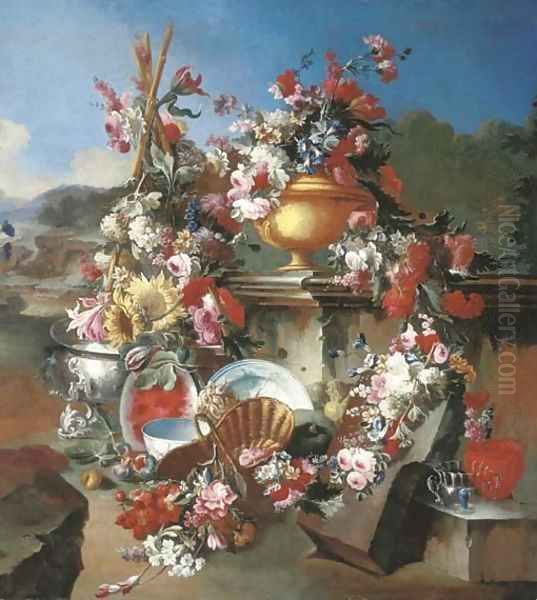 Roses, narcissi, carnations, tulips and other flowers in an urn Oil Painting by Francesco Lavagna