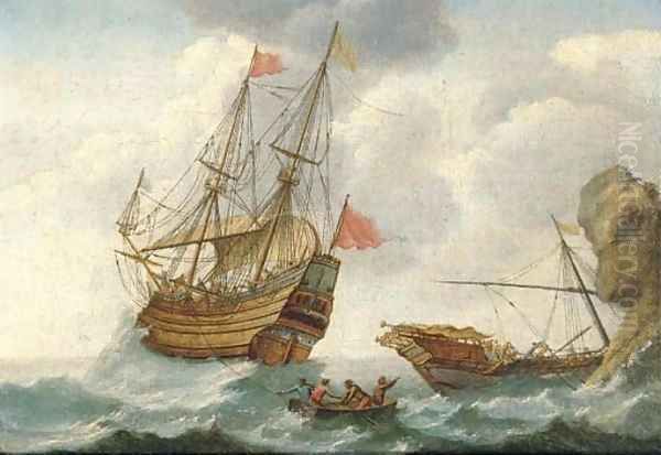 A warship in distress off the coast Oil Painting by Jacob Gerritz Loef