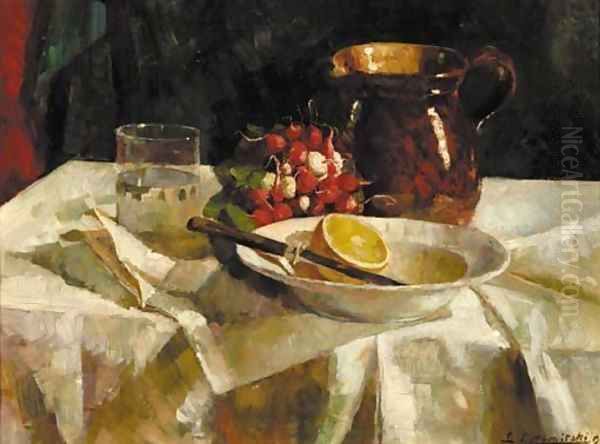 A still life with a jug, radishes, a lemon and a glass Oil Painting by Leonie Lutomirski-Bander