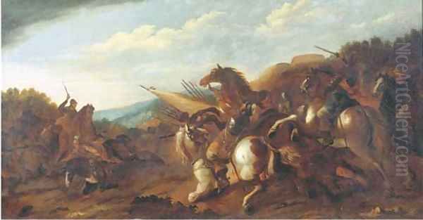 A cavalry skirmish Oil Painting by Andrea De Lione