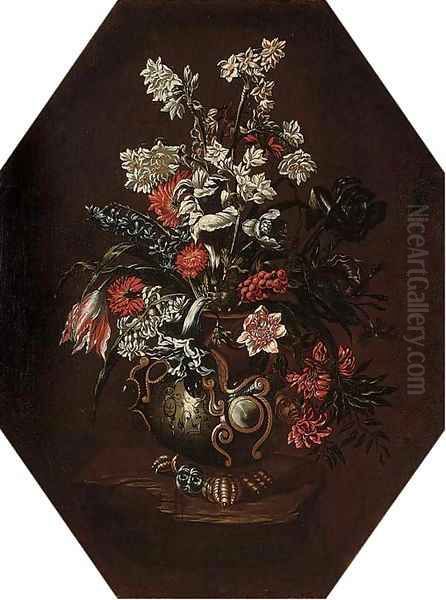 Narcissi, carnations, tulips, morning glory and other flowers in a vase on a ledge Oil Painting by Bartolomeo Ligozzi