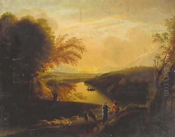 Drovers in a wooded Italianate landscape at sunset Oil Painting by Carlo Labruzzi