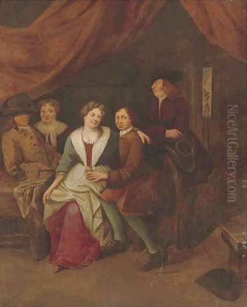 Elegant company courting in an interior Oil Painting by Gerrit Lundens