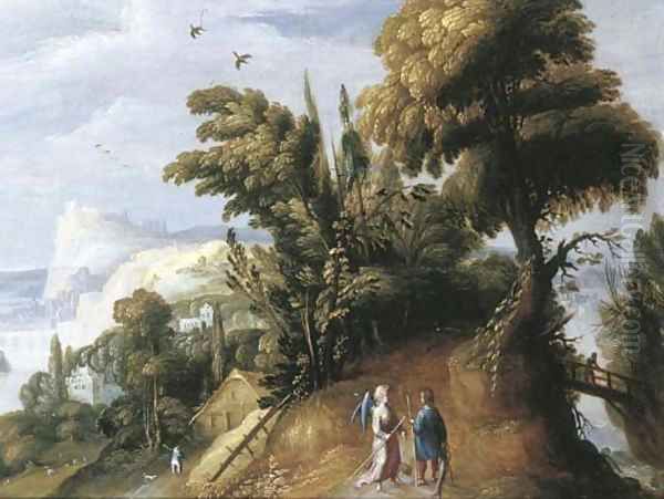 An extensive landscape with Tobias and the Angel Oil Painting by Jasper van der Lamen