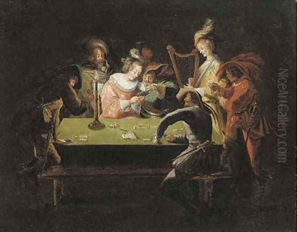 Elegant company gambling in an interior Oil Painting by Jean Achille Leclerc