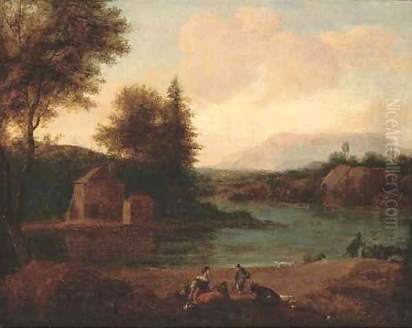 A river landscape with figures resting on the bank Oil Painting by Lodewyck van Ludick