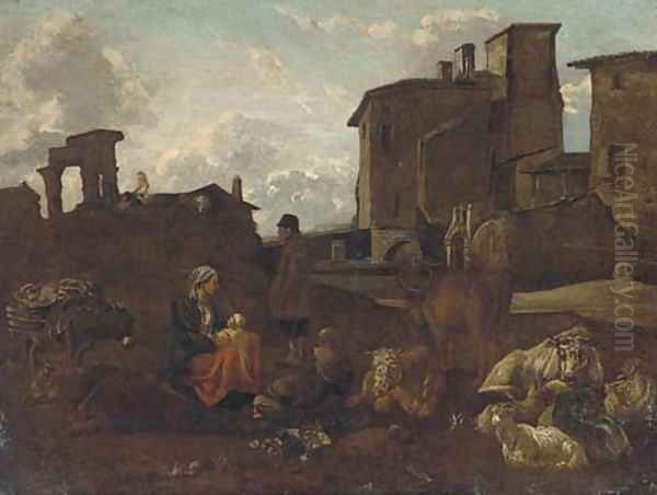 An Italainate landscape with a drover, his family and cattle Oil Painting by Pieter Van Laer (BAMBOCCIO)