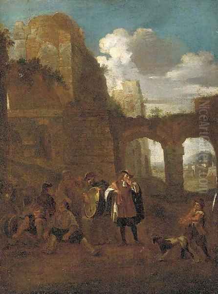 Peasants and a dog amongst classical ruins Oil Painting by Pieter Van Laer (BAMBOCCIO)