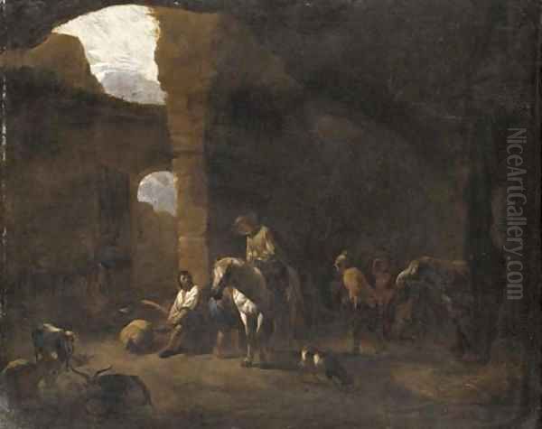 Travellers taking shelter in Roman ruins Oil Painting by Pieter Van Laer (BAMBOCCIO)