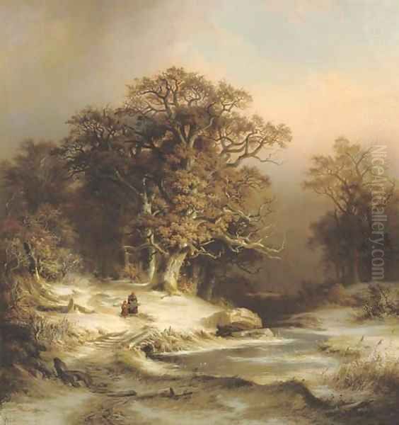 Along a stream in winter Oil Painting by Dietrich Langko