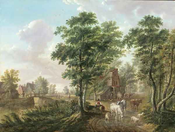 A peasant watering cattle near a farmhouse, in a wooded landscape Oil Painting by Jan Van Limmen