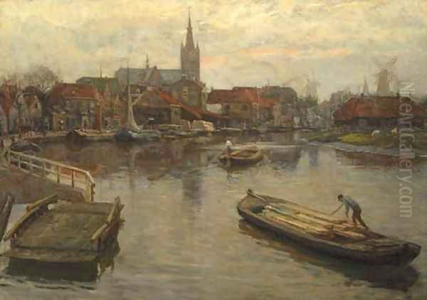 Gezicht op Schiedam a view of the harbour of Schiedam Oil Painting by Johan Coenraad Ulrich Legner