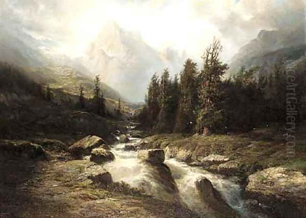 An Alpine torrent Oil Painting by Leberecht Lortet