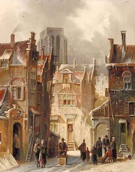 A wintry street scene in a Dutch town Oil Painting by Simon Van Der Ley