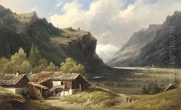 A sunlit chalet in an Alpine valley, thought to be Oberhasle, Switzerland by Louis Auguste Lapito