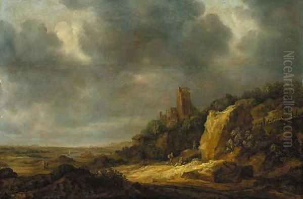 An extensive dune landscape with a ruined castle on a hill and travellers on a path Oil Painting by Reinier Van Der Laeck