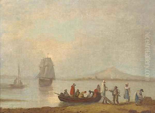 Figures disembarking from a ferry Oil Painting by Thomas Luny