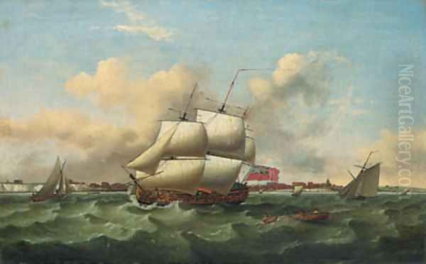 A Man-o'-War and other shipping, in a heavy swell off the South Coast Oil Painting by Thomas Luny