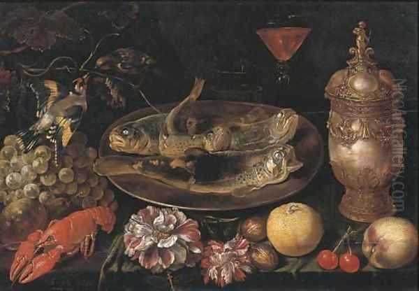 Trouts on a silver platter, a facon de Venise wine glass Oil Painting by Ernest De Lairesse