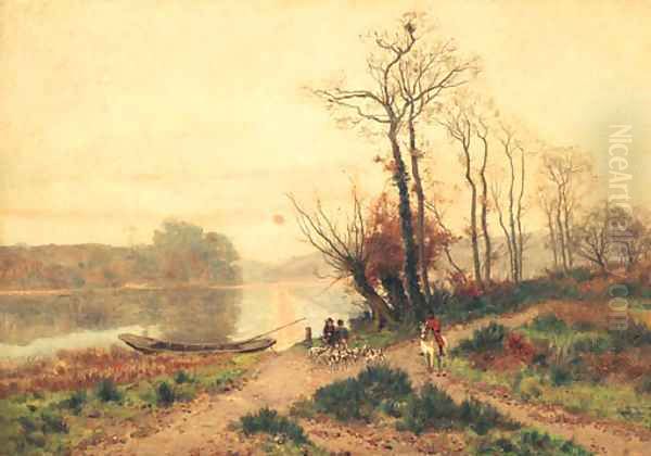 The Dawn Hunt Beside A Lake Oil Painting by Fernand Lutscher