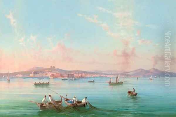 Hauling in the nets in the Bay of Naples, Vesuvius beyond Oil Painting by Gioacchino Lapira