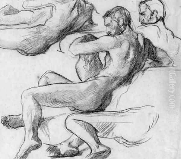 A reclining nude holding an urn, with subsidiary studies of his head, torso and legs Oil Painting by Henri (Karl Ernest Rudolf Heinrich Salem) Lehmann