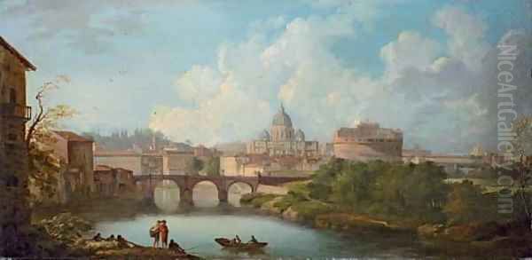 Rome A view of the Tiber, with the Castel Sant'Angelo and the Basilica of Saint Peter's Oil Painting by Jean-Baptiste Lallemand