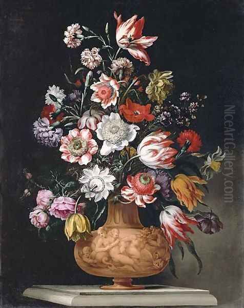 Tulips, roses and carnations and a narcissus in a sculped urn on a stone ledge Oil Painting by Bartolomeo Ligozzi