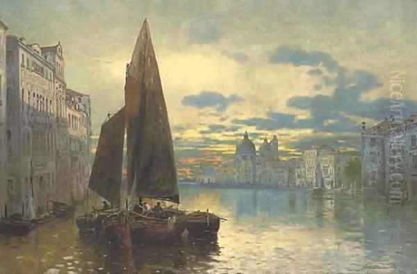 Trading vessels on the Grand Canal at dusk Oil Painting by Fernard Lubich