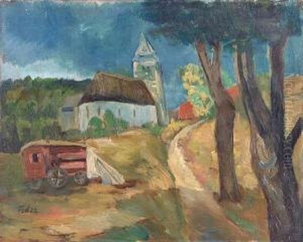 Village Landscape With Carriage Oil Painting by Adolphe Feder