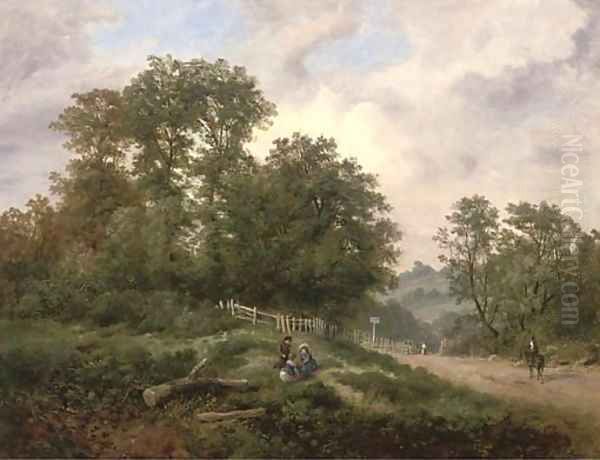 Children playing in an extensive wooded landscape Oil Painting by Henry Lines