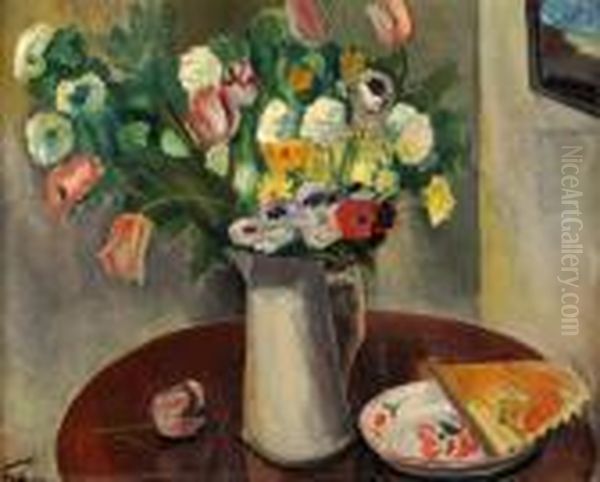 Flower Vase On The Table Oil Painting by Adolphe Feder