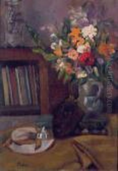 Still Life With Vase Of Flowers Andmask Oil Painting by Adolphe Feder