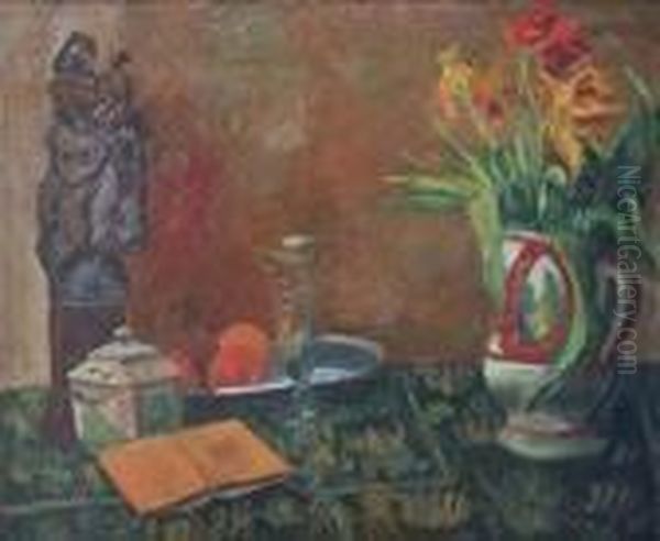 Nature Morte Au Bouquet Et A La Statue. Oil Painting by Adolphe Feder