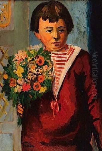 L'enfant Au Bouquet De Fleurs, Circa 1930 Oil Painting by Adolphe Feder