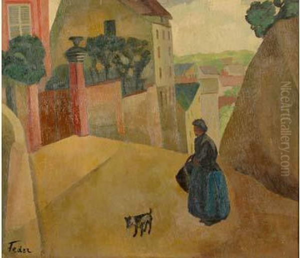 Rue De Village- Femme Et Son Chien Dans Une Ruelle, Circa 1920-29 Oil Painting by Adolphe Feder