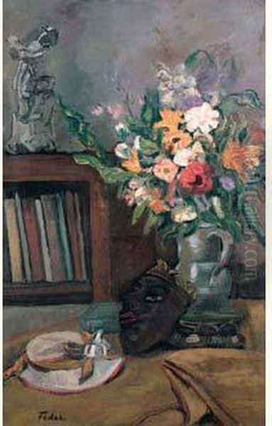 Still Life With Flowers And A Mask Oil Painting by Adolphe Feder