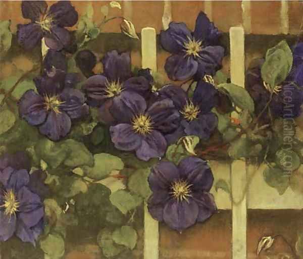 Clematis tegen hekwerk flowering Clematis Oil Painting by Jacobus Van Looy