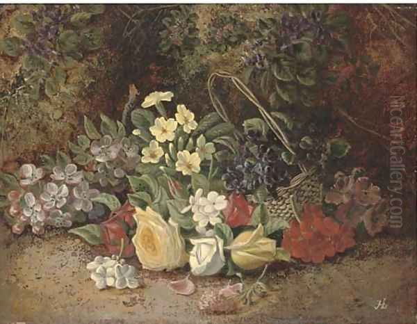 Summer flowers in a wicker basket, on a mossy bank Oil Painting by Henry J. Livens