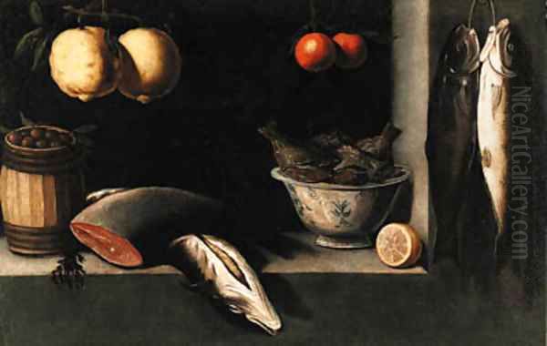 Lemons, oranges, a barrel of olives, salmon and a bowl of fish in a niche Oil Painting by Alejandro De Loarte