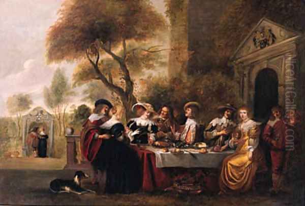 Elegant company at a table on a terrace by a classical portico Oil Painting by Christoph Jacobsz. Van Der Lamen