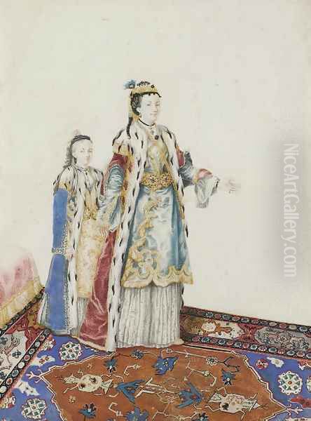 A European woman in Turkish costume with a girl behind her Oil Painting by Etienne Liotard