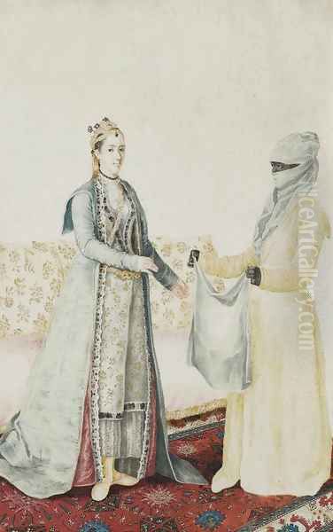 A Europen woman with her Turkish servant Oil Painting by Etienne Liotard