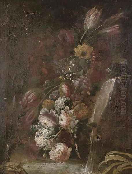 Flowers by a waterfall in a garden Oil Painting by Giuseppe Lavagna