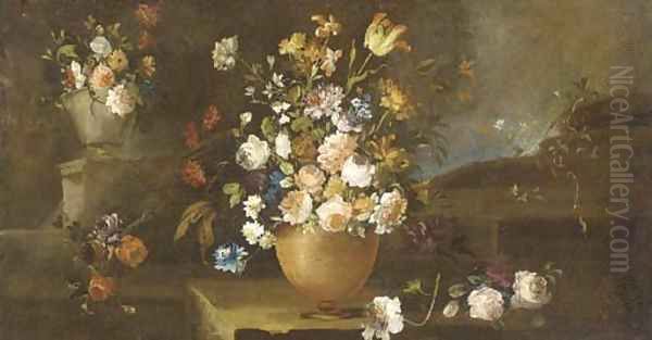 Roses, parrot tulips, daffodils, carnations and other flowers in urns on a ledge Oil Painting by Giuseppe Lavagna