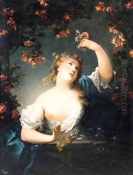 Flora, standing half length on a balcony Oil Painting by Nicolas de Largilliere