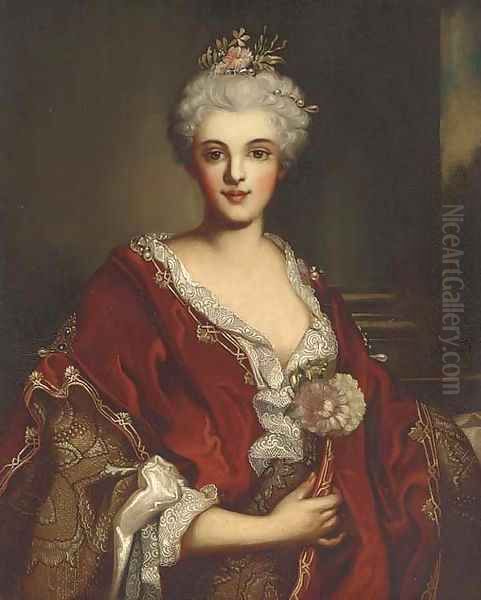 Portrait of a lady, half-length, in a red shawl and pearl head-dress Oil Painting by Nicolas de Largilliere