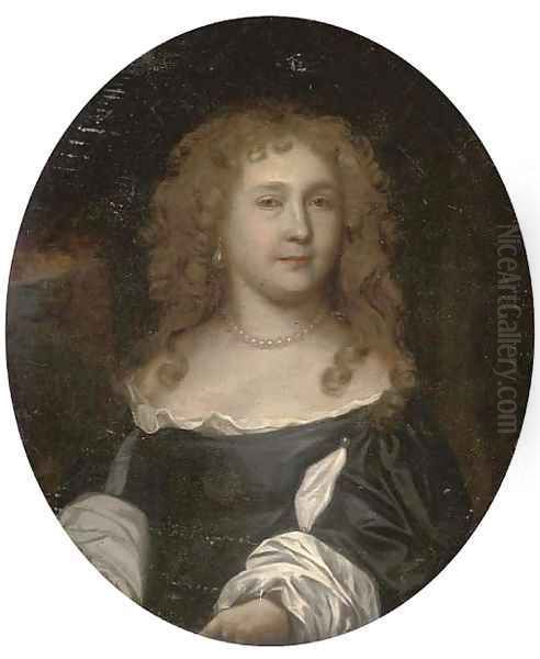 Portrait of a lady, bust-length, in a black dress with slashed sleeves, wearing a pearl necklace and earrings Oil Painting by Nicolas de Largilliere